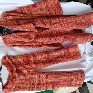 Vintage handmade granny square crochet duster cardigan set, open front, & pants